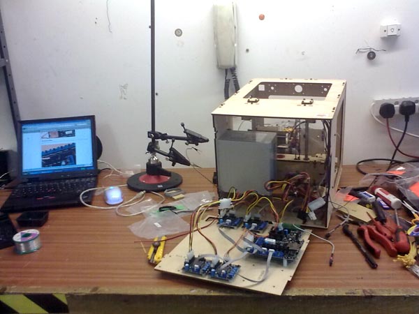 April 1st 2011: Makerbot Thing-O-Matic 3D printer almost assembled after 20 hours of work.