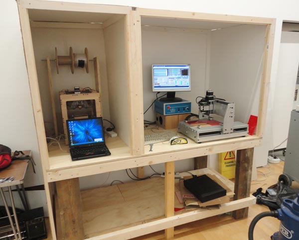 3D printer and CNC router in cabinet on site